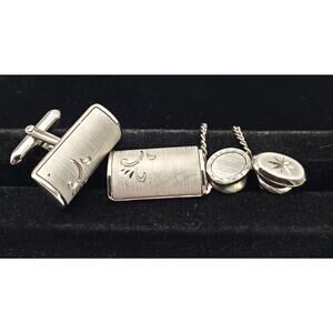 Swank Cufflinks & Tie Tacks Brushed Silver Tone Etched Vintage Mens Jewelry 80s